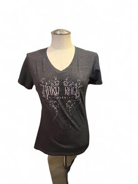 Hard Rock Cafe Black V-Neck Graphic Tee with Silver Print